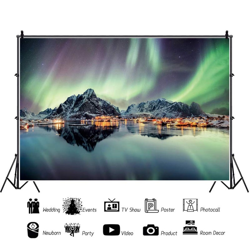 AOFOTO 7x5ft Lights in The Northern Night Sky Mountains Lake Scenery Photo Backdrop Snowy Glacier Coastline Landscape Norway Island Fishing Village Travel Photography Background Photo Studio Props - Image 3